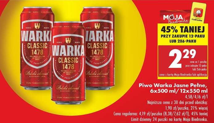 Piwo Warka Jasne Pełne, 6x500 ml/12x550 ml
